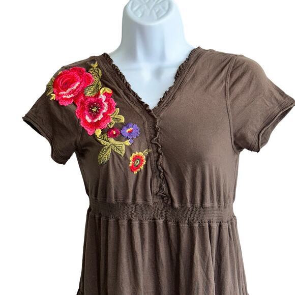 Johnny Was S brown Flora Embroidered Short Tiered‎ Dress - Picture 5 of 13